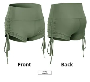 Front and back views of high-waist army green yoga shorts with side drawstrings