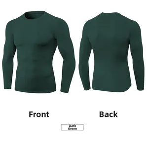 Vues avant et arrière du t-shirt de sport à manches longues vert foncé moulant pour hommes