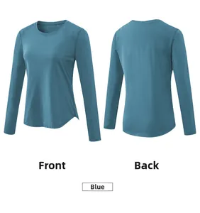 Detailed front and back view of a blue moisture-wicking yoga shirt with curved hemline