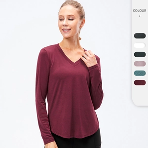T-Shirt de Yoga Femme Manches Longues Coupe Ample Séchage Rapide Respirant Col en V Sport Workout Running Fitness Gym