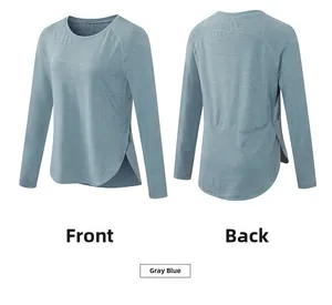 Dettaglio fronte e retro della maglia da yoga blu grigio a maniche lunghe in tessuto traspirante