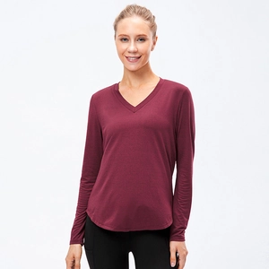 T-shirt de yoga à manches longues et col en V pour femme, haut de sport ample et respirant