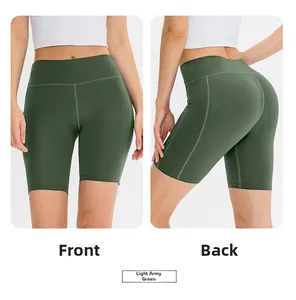 Front and back views of high-waist light army green yoga shorts with side pockets
