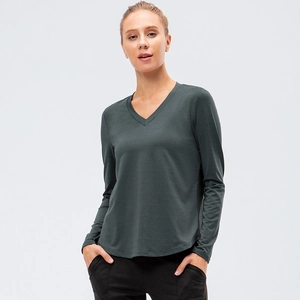 T-shirt de yoga à manches longues et col en V gris foncé pour femme en tissu respirant