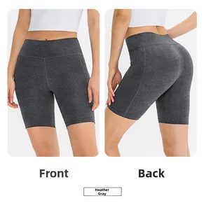 Detailed front and back view of heather grey high-waisted yoga shorts with side pockets
