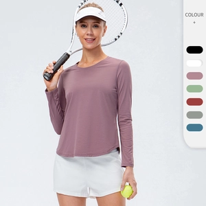 Women Loose Long Sleeve Yoga T-Shirt Quick Dry Breathable Round Neck Fitness Top Polyester Activewear Gym Sportswear