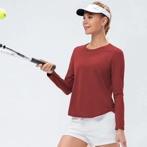 Women's dark red quick-dry long sleeve yoga sports shirt with round neck for fitness