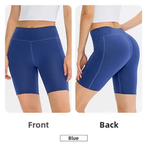 Front and back views of high-waisted blue athletic yoga shorts with side pockets