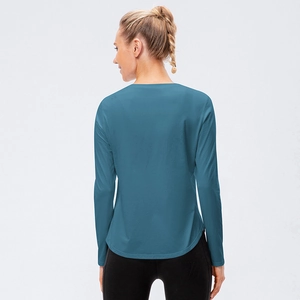 Teal long sleeve sports T-shirt for women with curved hem and crew neck back view