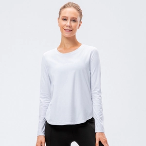 Women's white long sleeve yoga top with breathable quick-dry fabric and round neck