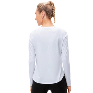 Women's long sleeve quick-dry yoga top in white, featuring a curved hem and breathable fabric