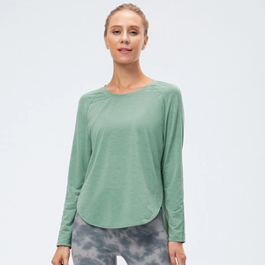 T-shirt sportiva donna maniche lunghe verde chiaro asciugatura rapida orlo curvo