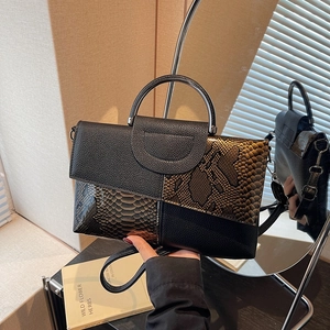 Women's chic snakeskin patchwork handbag with metal handle and detachable strap