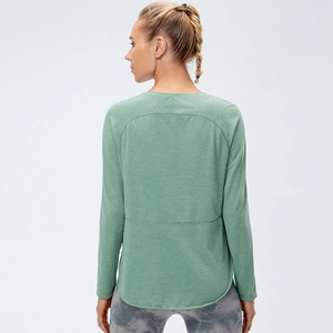 Maglia sportiva da donna a maniche lunghe, asciugatura rapida, verde chiaro con bordo curvo