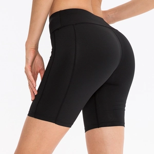 Black high-waisted yoga shorts with side pockets and lifting seams for athletic performance