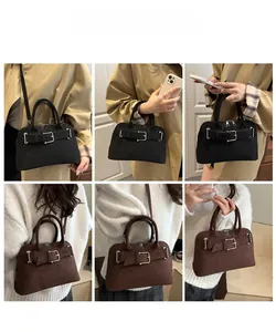 Detail shots of minimalist shell-style handbags in black and coffee matte finish