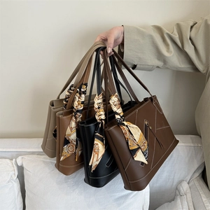 Chic leather tote bag set with decorative silk scarves and contrast stitching in four colors