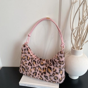 Sac Sous le Bras en Fausse Fourrure Léopard Pour Femmes Sac à Épaule en Peluche Décontracté Mode Hiver Avec Nœud