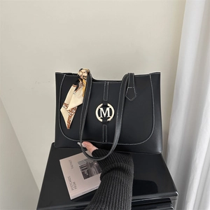 Women Fashion PU Leather Shoulder Tote Bag Large Capacity Crossbody Bag With Scarf And Metal M Buckle Minimalist Bag