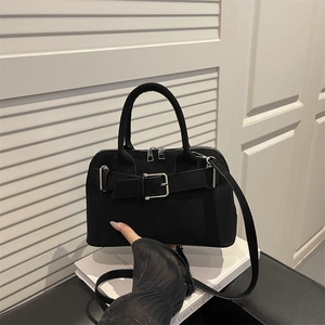 Retro black matte shell handbag with silver buckle straps and top handles for women