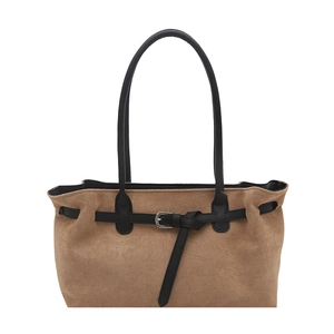 Retro brown suede tote bag with black leather straps and silver buckle detail