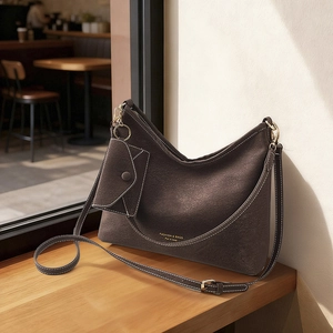 Retro dark brown suede tote bag and pouch set with white contrast stitching and gold accents