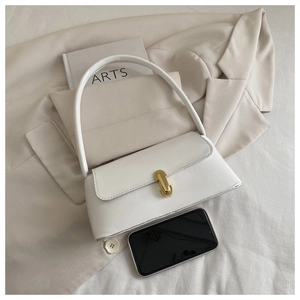 French style white leather shoulder bag with gold metal buckle and sleek flap design