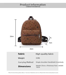 Tabella taglie per mini zaino in velluto marrone con orsetti, misure 23x19x9cm e peso 0,2kg