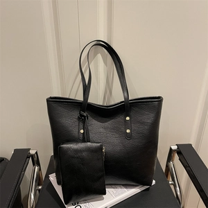 Stylish large capacity black tote bag set with textured PU leather and golden rivet details