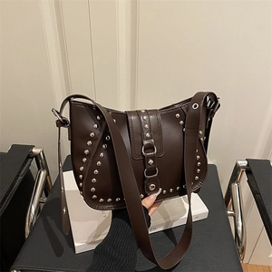 Retro dark brown saddle bag with silver rivets and wide shoulder strap for women