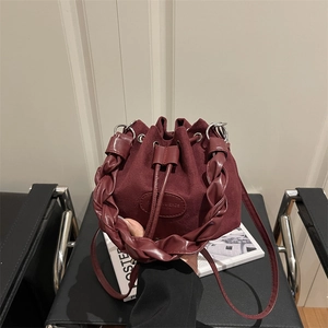 Women Vintage Suede Texture PU Leather Bucket Bag Woven Handle Drawstring Shoulder Crossbody Bag Retro Fashion Daily Satchel