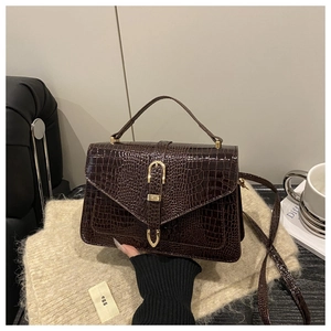 Detail of dark brown crocodile texture leather and elegant gold clasp lock on a small bag