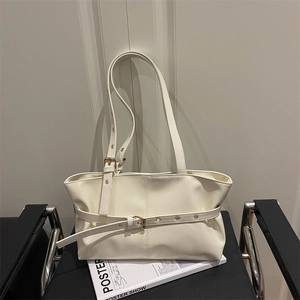 Vintage large capacity cream faux leather shoulder bag with decorative metal buckle straps
