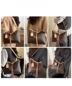 Detailed views of vintage monogram tote bag shown on model in various home settings