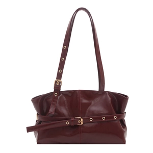 Retro burgundy large shoulder bag with stylish belt buckle and polished leather finish