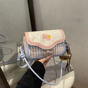 Sweet plaid patchwork shoulder bag with pastel colors and a cute bear charm