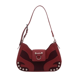 Deep red crescent shoulder bag with metallic stud rivets and leather patchwork design