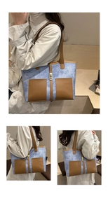 Three-way view of a large color-block tote bag with blue canvas and brown leather pockets