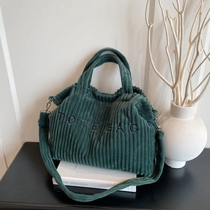 Women Korean Style Corduroy Tote Bag Large Capacity Letter Embroidery Shoulder Handbag Casual Minimalist Fashion Daily Bag