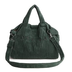 Dark green corduroy tote bag with embroidered letters and detachable shoulder strap