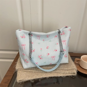 Fashion Floral Print Nylon Tote Bag For Women Sweet Bowknot Chain Strap Shoulder Bag Large Capacity Daily Commuting Handbag