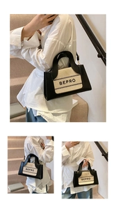Detail shots of BEPRO color-block handbag showing dual strap options in a lifestyle setting