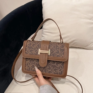 Women Vintage Monogram Letter Print Small Square Bag PU Leather Crossbody Shoulder Handbag With Gold Buckle Fashion Handheld Bag