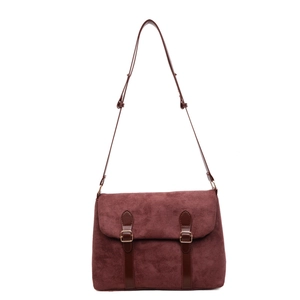 Retro burgundy frosted suede messenger bag with brown leather straps and gold buckles