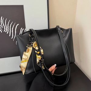 Large capacity vintage black leather tote bag with silk scarf for office commuting