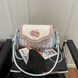 Sweet plaid crossbody bag with pink bow and car embroidery for girls and women