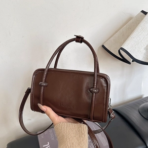 Minimalist brown glossy leather rectangular handbag with Fashion embossed logo and handle