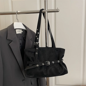 Vintage black suede hobo bag with eyelet belt strap and silver buckle detail