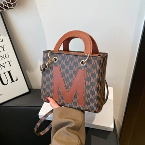 Women's Retro Letter Print PU Leather Shoulder Bag Stylish Monogram Small Square Tote Crossbody Handbag With Top Handle