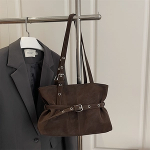 Retro dark brown faux suede tote bag with metal eyelets and adjustable strap for women
